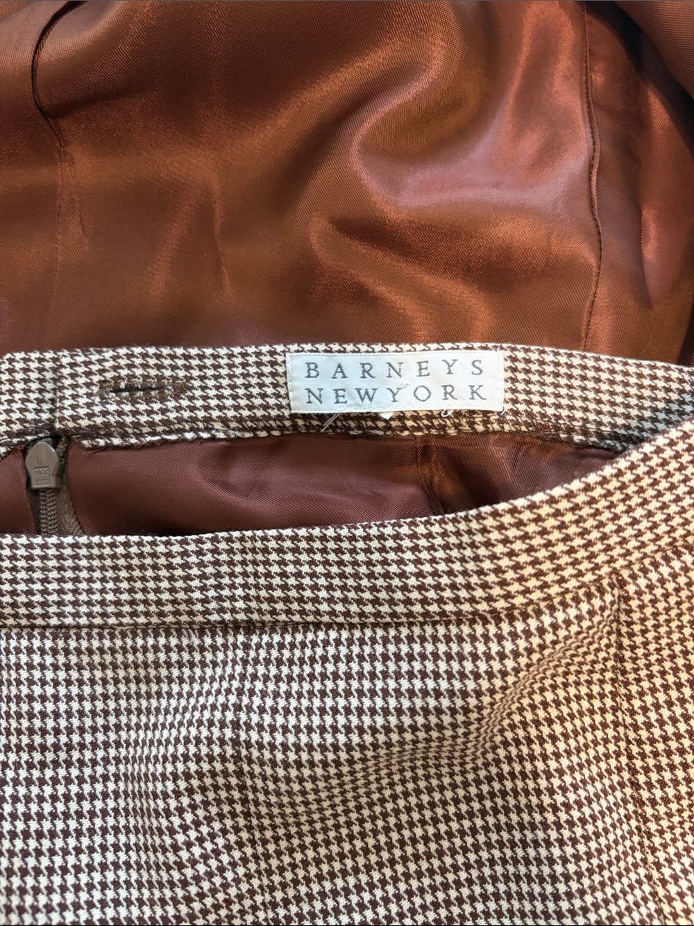 Barneys New York Wool Brown Houndstooth Blazer and Skirt Set - Picture 5 of 8